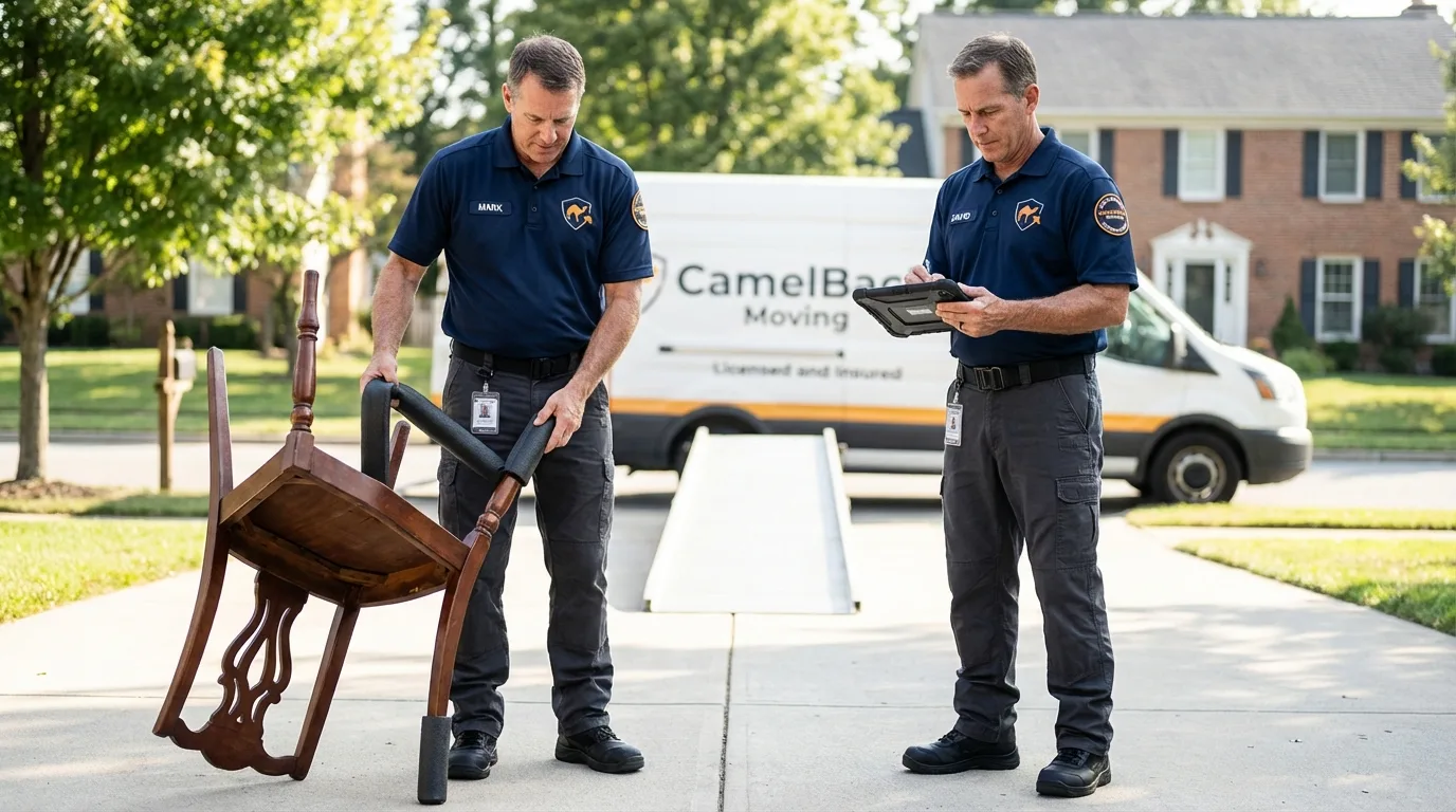 Movers inspecting furniture for damage prevention before loading in George, IA