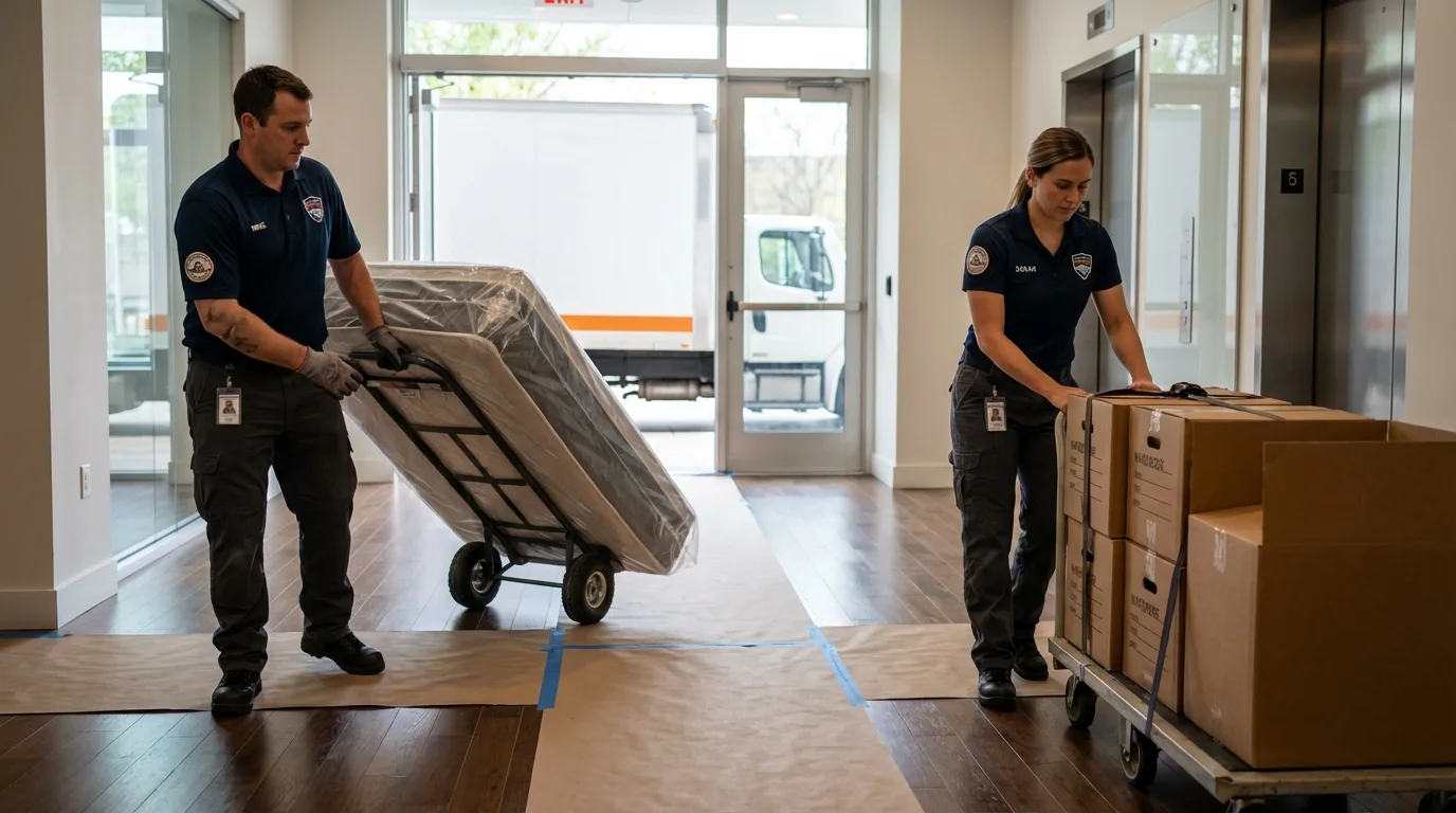 Professional apartment movers loading elevator in George, IA