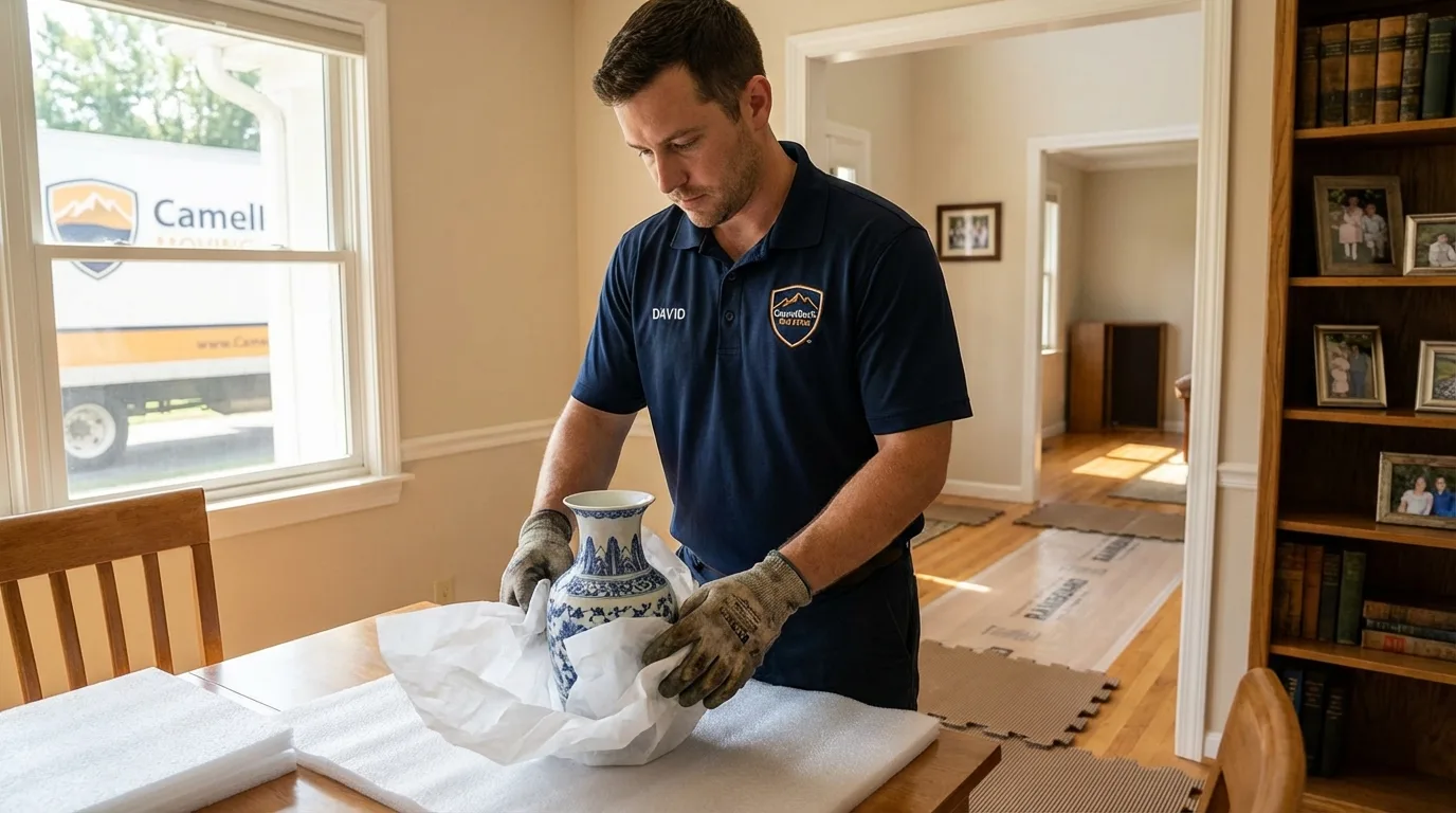 Professional crew carefully wrapping antique vase for senior downsizing move in George, IA