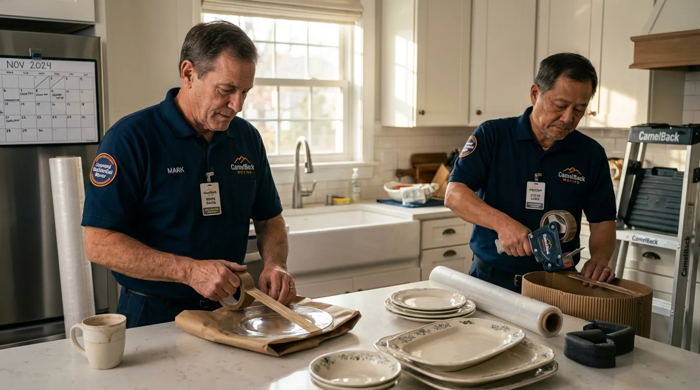 Professional crew packing kitchen dishware in George, IA